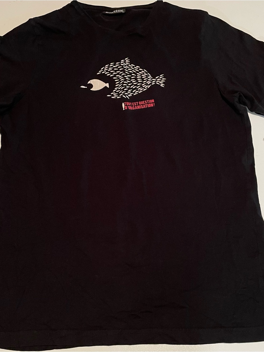 Pardon Black Tee with Cream Fish Graphic and Red Text Accent